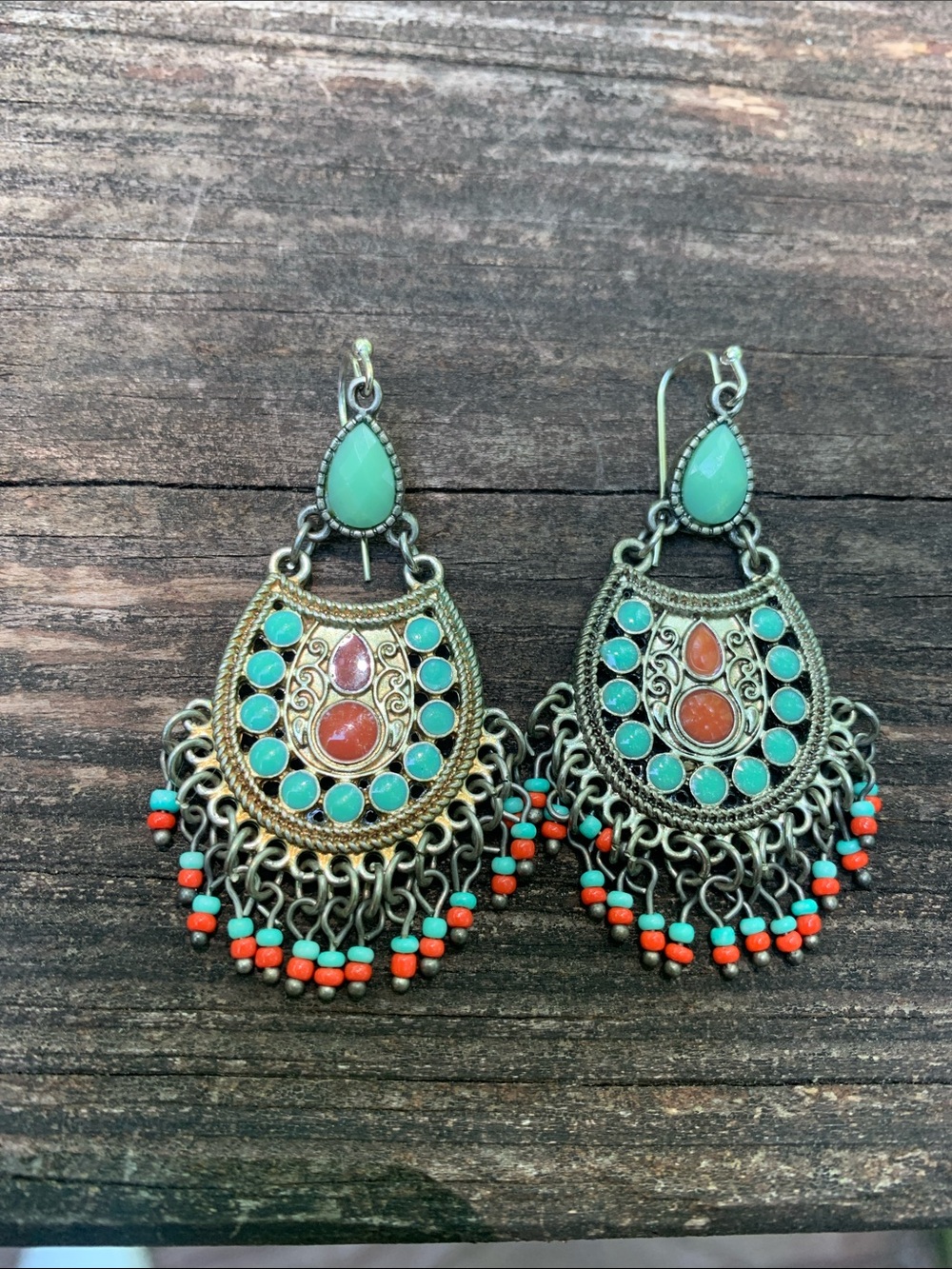 Boho Turquoise & Coral Drop Earrings - Unbranded